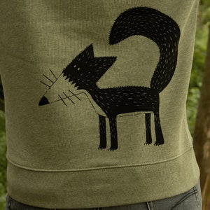 Organic hoodie for women with fox / Hoodie with back print for women in mid heather khaki / Gift for women image 4