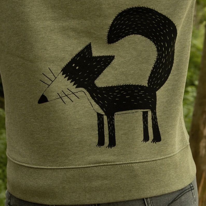 Organic hoodie for women with fox / Hoodie with back print for women in mid heather khaki / Gift for women image 4