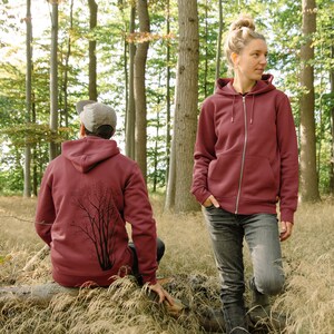 Organic sweat jacket unisex alder with magpie in burgundy / red zip hoodie for women / women's hoodie with tree image 2