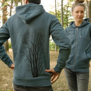 hand-printed zip hoodie women in petrol blue / organic women&#39;s sweat jacket women / zipper hoodie tree / zip jacket women / hooded jacket women