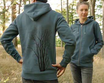 Zip hoodie ladies with tree / hoodie with zipper for women in blue / sweat jacket green