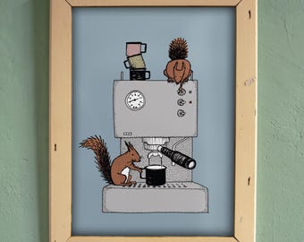 Espresso poster with squirrel / Coffee poster coffee machine / coffee poster / espresso machine poster coffee A4 and A5