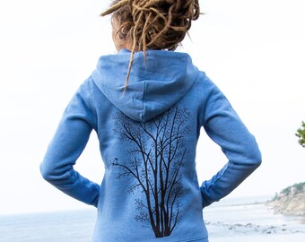 Biologisch sweatjack dames / damesjack met capuchon / hoodie dames elzen met ekster in heideblauw