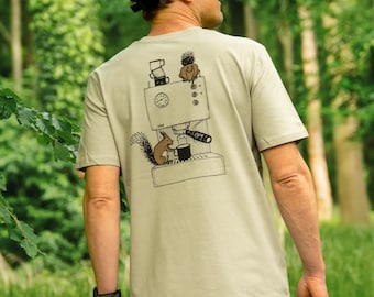 Coffee Squirrel T-Shirt for Men in Stone, Espresso Screen Print Shirt with Squirrel, Gift for Baristas and Coffee Nerds, Organic Cotton
