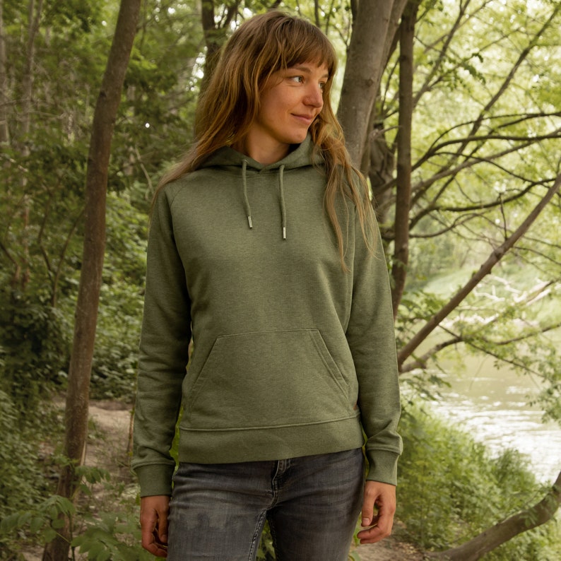Organic hoodie for women with fox / Hoodie with back print for women in mid heather khaki / Gift for women image 3