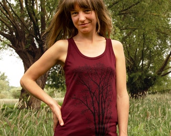 Organic tank top women wine red / top women / tank top with plant print in burgundy / summer clothing for women