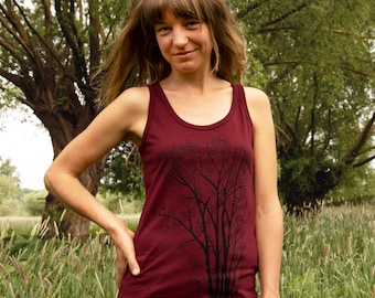 Organic tank top women wine red / top women / tank top with plant print in burgundy / summer clothing for women