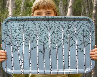 Birchwood tray 53 x 32 cm, made in Sweden / large designer wooden tray in blue / large serving tray / decorative wooden trays