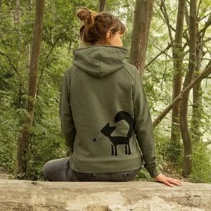 Organic hoodie for women with fox / Hoodie with back print for women in mid heather khaki / Gift for women image 1