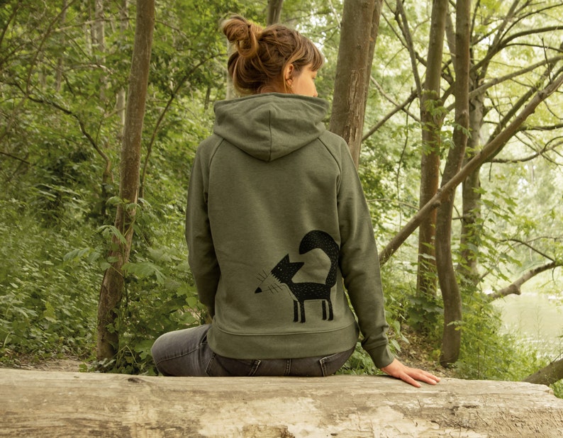 Organic hoodie for women with fox / Hoodie with back print for women in mid heather khaki / Gift for women image 1