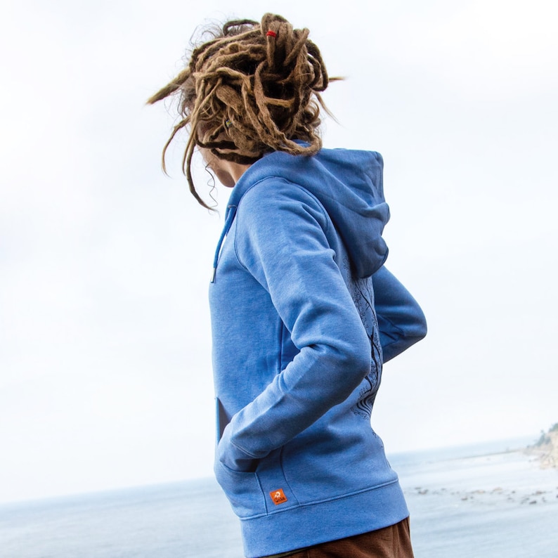 Veste sweat bio femme / veste à capuche femme / sweat à capuche femme aulne avec pie en bleu chiné image 2