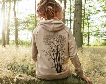 Hoodie Damen aus Biobaumwolle mit Baum / Pullover mit Druck auf Rücken / pullover mit Elster und baum back print