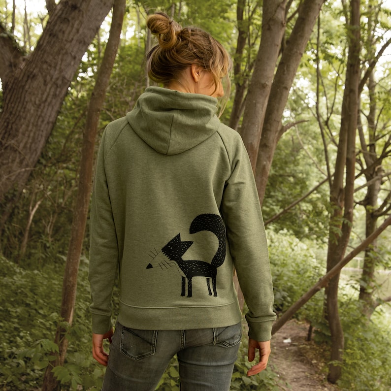 Organic hoodie for women with fox / Hoodie with back print for women in mid heather khaki / Gift for women image 5