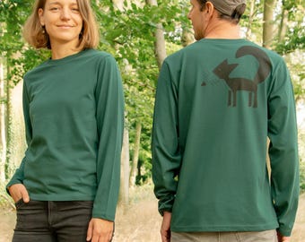 Camisa de manga larga Fuchs para hombre, verde esmaltado / Camisa de manga larga para hombre de algodón orgánico / Sudaderas para hombre con diseño Fuchs / Camisetas Fuchs para hombre