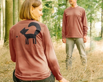 Hand-printed organic fox long-sleeved shirt for women in heritage brown / brown long-sleeved shirt for women made of organic cotton / women's screen-printed unisex t-shirt