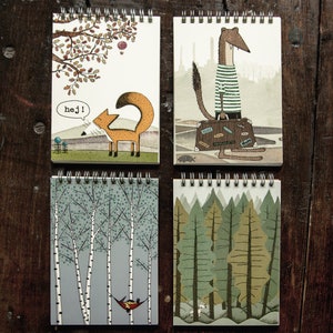 Juego de 4 cuadernos de espiral DIN A6 con bosque de abetos, abedules, comadreja de viaje y Franzi Fuchs / bloc de notas DIN A6 / 50 hojas / 10,4 x 14,8 cm