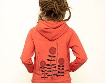 Sudadera con capucha mujer flores del bosque de algodón orgánico / suéter con capucha mujer / regalo para mujer / comercio justo / color rojo jaspeado medio /