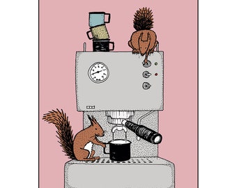 Postcard coffee / Postcard with squirrel and espresso machine