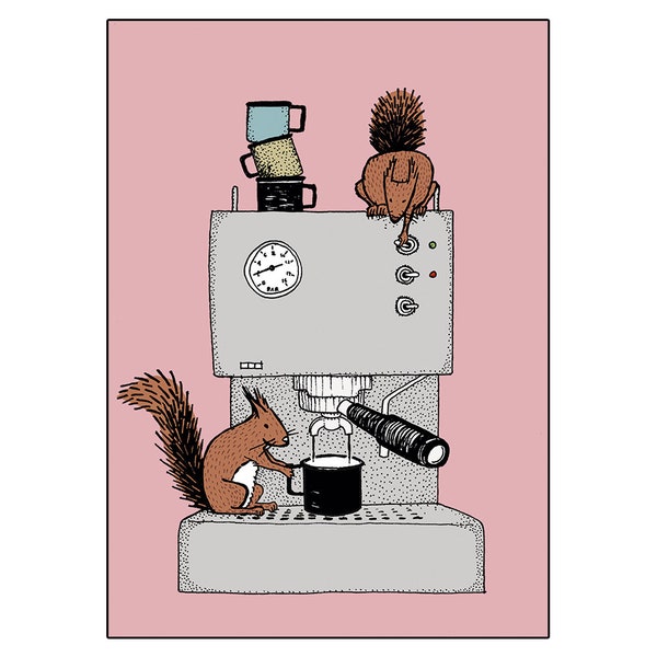Postkarte Kaffee / Postkarte mit Eichhörnchen und Espressomaschine
