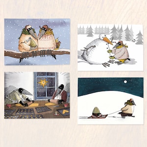 Weihnachtspostkarte / Weihnachtskarte im Set mit 4 Motiven / Vögel / Weihnachtsgeschenk / Postkarten Winter /Raben