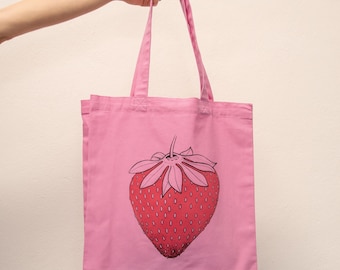 Organic strawberry bag in bubble pink / jute bag / tote bag / hand-printed jute bag with strawberries / pink shopper shopping bag