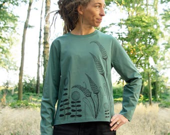 Chemise à manches longues bio pour femme avec fleurs vert baie / Chemise à manches longues hippie / Sweat-shirt bohème pour femme / Chemises à manches longues pour femme / Sweat-shirts à fleurs