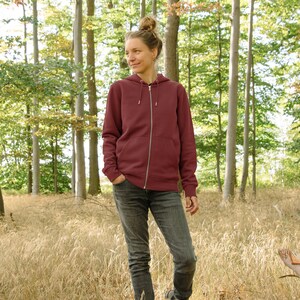 Organic sweat jacket unisex alder with magpie in burgundy / red zip hoodie for women / women's hoodie with tree image 5
