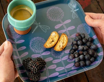 Floral tray 20 x 20 cm, blue, made in Sweden / Small wooden tray with dragonfly / Serving tray, fruit tray, children's plate or key tray