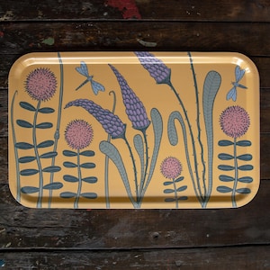 großes Tablett Waldwiese Sommer 53cm x 32cm / Serviertablett aus Holz  mit Blumen design / deko Holztablett aus Schweden