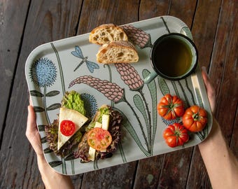 Forest meadow by day - Tray 36 cm x 28 cm / large wooden tray handmade in Sweden / decorative serving tray with floral pattern made of wood