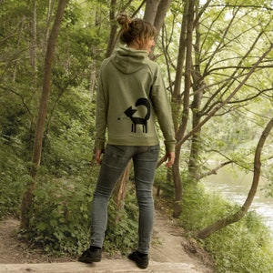 Organic hoodie for women with fox / Hoodie with back print for women in mid heather khaki / Gift for women image 2