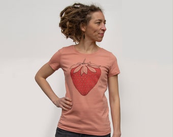 Organic T-Shirt Women Strawberry in pink / fruit printed shirt / hippie t-shirt scandistyle