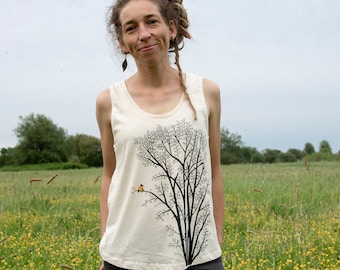 Organic tank top women with tree / top women in white / summer gift for girlfriend / tank top with nature motif