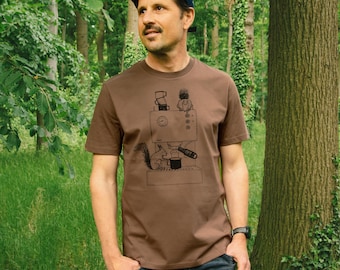Coffee Squirrel T-Shirt for Men in Mocha, Espresso Screen Print Shirt with Squirrel, Gift for Baristas and Coffee Nerds, Organic Cotton