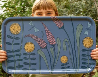 Large wooden tray, forest meadow design, 53 cm x 32 cm / serving tray with floral design / decorative wooden trays from Sweden