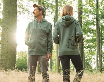 Organic women's sweatshirt with blueberries in green bay / Unisex zip hoodie with back print nature motif