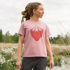 Organic T-Shirt Women Strawberry in pink / fruit printed shirt / hippie t-shirt / Strawberry T shirt screen print