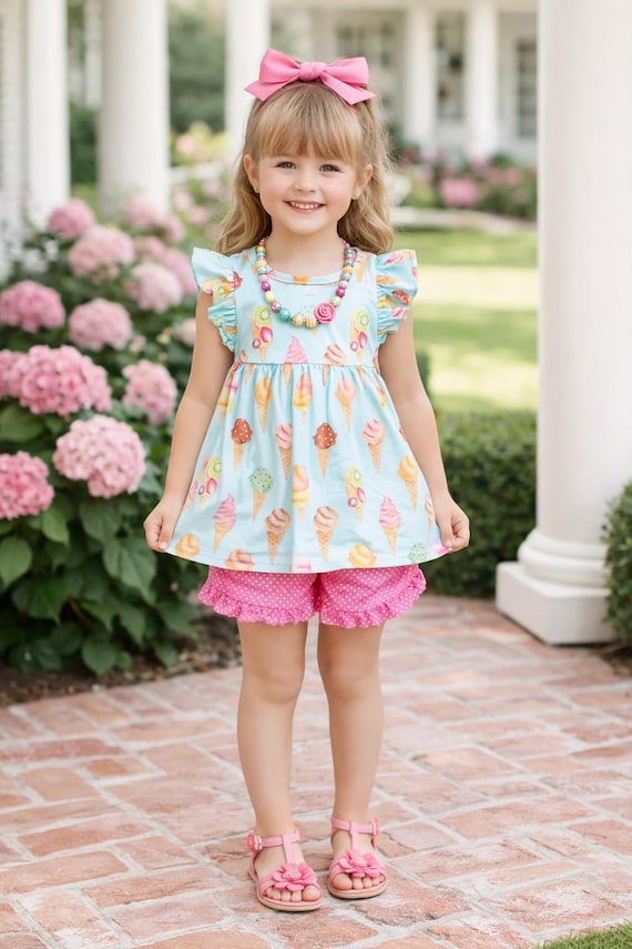 Girls Ice Cream Outfit Birthday Gift for Girl Ice Cream Top Pink Dot Ruffle Shorts Summer Girls Outfit Ice Cream Cone 12mo 2 3 4 5 6 7 8 10