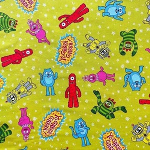 Yo Gabba Gabba-tyg FQ OOP sällsynt HTF J4075 licensierat Hoffman Brobee Muno Toodee Foofa Plex barnfigursquiltat bomullstyg