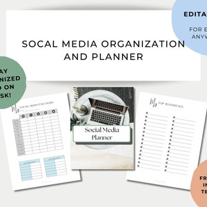 Op de afbeelding: Een printbare social media organisatie- en planner met een laptop, een kopje koffie en groen op een houten tafel. De planner bevat secties voor social media volgers, top hashtags en een social media planner.