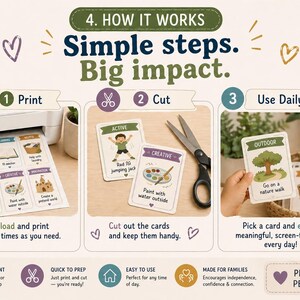 Puede incluir: Imagen que muestra una gu&iacute;a paso a paso para tarjetas de actividades. Los pasos son: imprimir, cortar y usar a diario. Las tarjetas presentan ilustraciones y texto para actividades como saltos y paseos por la naturaleza. El texto dice: Simple steps. Big impact.