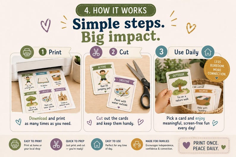 Puede incluir: Imagen que muestra una gu&iacute;a paso a paso para tarjetas de actividades. Los pasos son: imprimir, cortar y usar a diario. Las tarjetas presentan ilustraciones y texto para actividades como saltos y paseos por la naturaleza. El texto dice: Simple steps. Big impact.