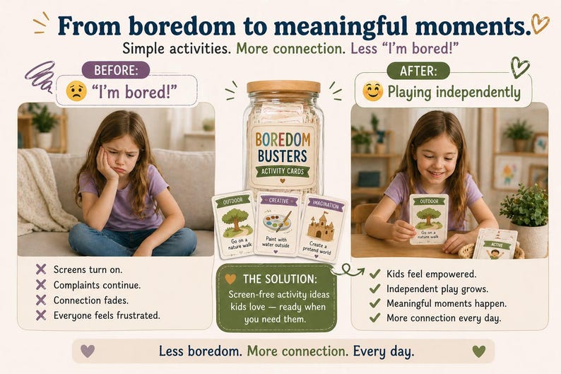 Puede incluir: Un anuncio de tarjetas de actividades "Boredom Busters". La imagen muestra a una ni&ntilde;a triste antes y feliz despu&eacute;s de jugar con las tarjetas. Las tarjetas est&aacute;n en un tarro y presentan actividades al aire libre, creativas e imaginativas.