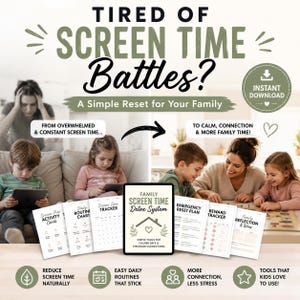 Könnte beinhalten: Werbung mit dem Text „MÜDE VON BILD-SCHIRMZEIT-KÄMPFEN?“ zeigt eine Familie, die Tablets benutzt und dann interagiert. Das Bild wirbt für ein „Family Screen Time Detox System“ mit Tools für ruhigere Tage und stärkere Verbindungen.