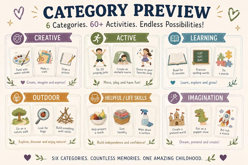 Puede incluir: P&oacute;ster 'Category Preview' con seis categor&iacute;as de actividades ilustradas: Creativo, Activo, Aprendizaje, Exterior, &Uacute;til/Habilidades para la vida e Imaginaci&oacute;n. Las actividades incluyen pintar, saltar, leer y construir con palos.