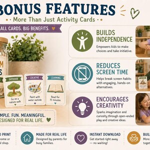 Puede incluir: Imagen promocional de "Boredom Busters Activity Cards". La imagen presenta un tarro de cristal lleno de tarjetas, una peque&ntilde;a planta en maceta y tarjetas con ideas de actividades. El texto incluye "Desarrolla la independencia", "Reduce el tiempo de pantalla" y "Fomenta la creatividad".