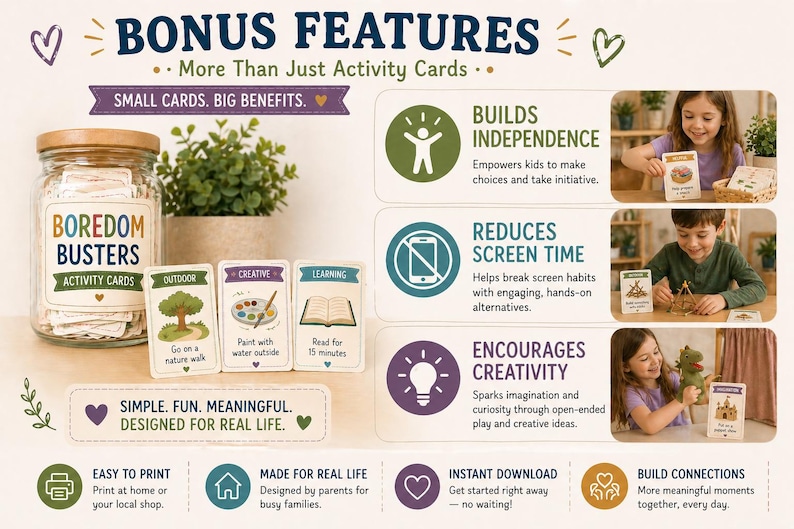 Puede incluir: Imagen promocional de "Boredom Busters Activity Cards". La imagen presenta un tarro de cristal lleno de tarjetas, una peque&ntilde;a planta en maceta y tarjetas con ideas de actividades. El texto incluye "Desarrolla la independencia", "Reduce el tiempo de pantalla" y "Fomenta la creatividad".