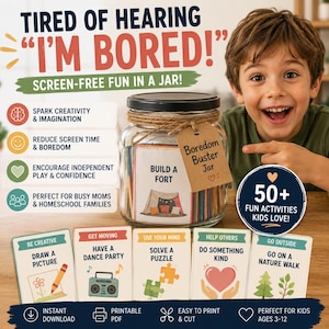 Puede incluir: Un tarro de cristal etiquetado como "Boredom Buster Jar" lleno de tarjetas de actividades coloridas. El tarro est&aacute; atado con hilo y tiene una etiqueta. La imagen incluye el texto: "Screen-Free Fun in a Jar!" y "50+ Fun Activities Kids Love!"