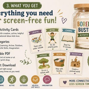 Puede incluir: Un tarro de cristal con tapa de madera, etiquetado como "Boredom Busters Activity Cards", rodeado de tarjetas de actividades. Las tarjetas est&aacute;n categorizadas como Creativo, Activo, Aprendizaje, Exterior, &Uacute;til e Imaginaci&oacute;n. La imagen promueve la diversi&oacute;n sin pantalla.