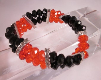 CRYSTAL STRETCH BRACELET- Buckeyes,Dawgs,Tide,Heat,Bulls,Gamecocks,Falcons-Red & Black Rows of Crystals Stretch Bracelet/ Rhinestone Spacers